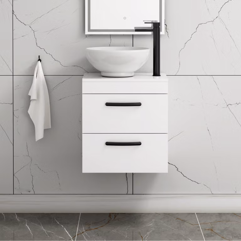 Royal Bathrooms 500mm Wall Hung Gloss White 2 Drawer Vanity Unit with Breeze Countertop Basin and Matt Black Handle