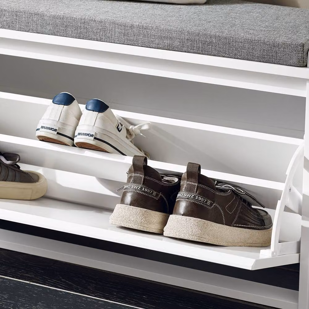 SoBuy Modern White Shoe Rack and Hallway Bench with Fabric Details, W/D/H: 80 x 45 x 155 cm – 4