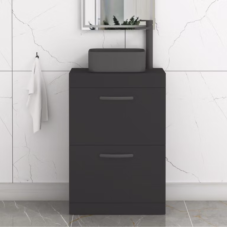 Royal Bathrooms Turin 600mm Floor Standing 2 Drawer Vanity Unit with Art Square Countertop Basin in Matt Black