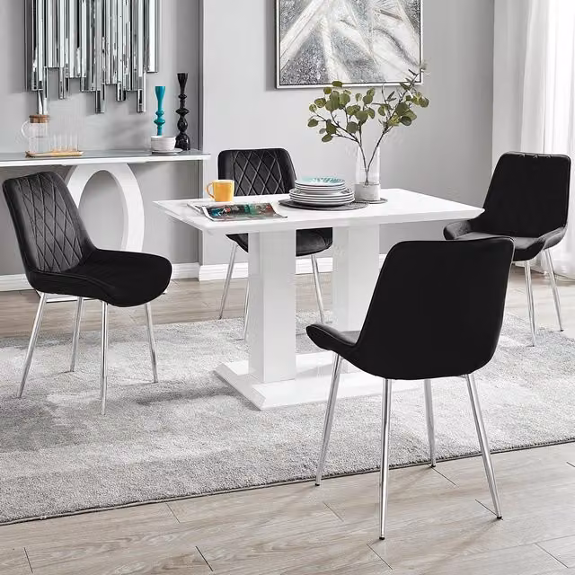 FurnitureboxUK Imperia 4 Seater Dining Set with White High Gloss Rectangular Table and 4 Black Persaro Velvet Chairs
