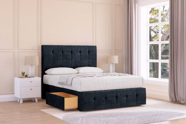 Sloomy Cambridge Naples King Size Divan Bed Base with 4 Drawers, 54 inch Headboard and 12 inch Footboard, Black Velvet Fabric, W/D/H: 180 x 200 cm