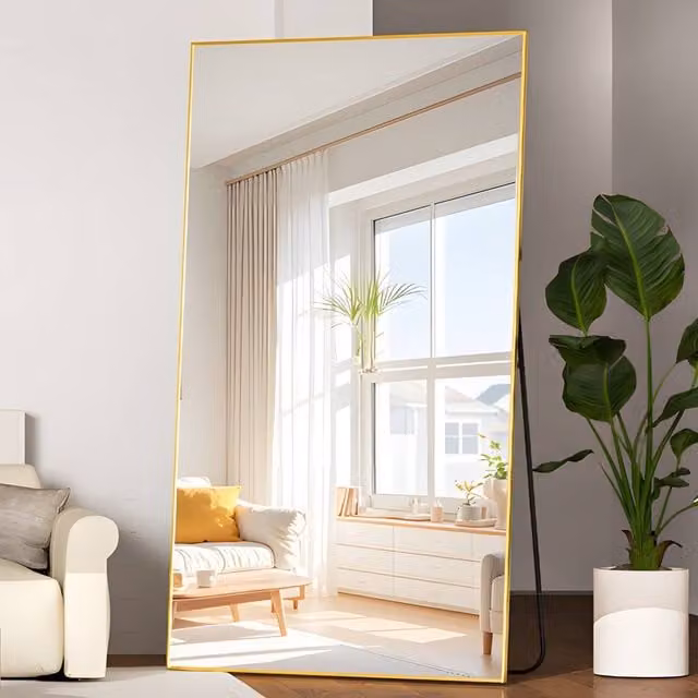 CASSILANDO Extra Large Rectangular Freestanding Floor Mirror in Gold with Aluminum Alloy Frame, H 193 cm x W 86 cm x D 1.4 cm
