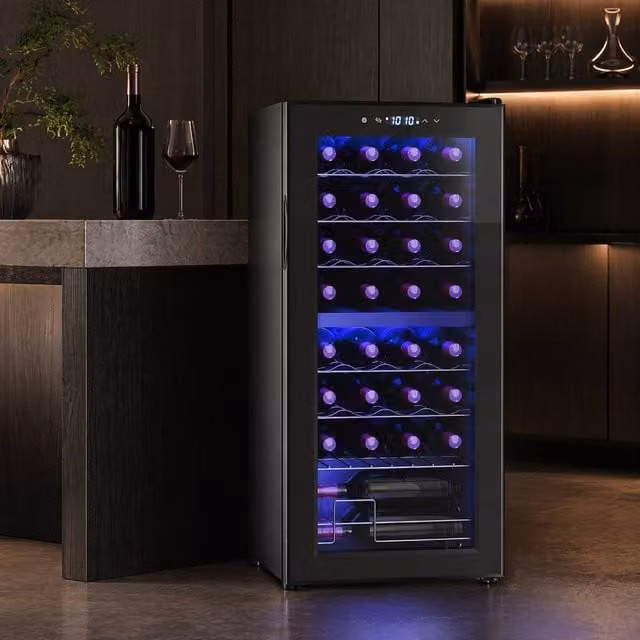 STILVORA Dual Zone Wine Fridge for 32 Bottles with LED Display, Black