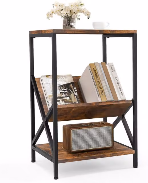 COSTWAY Rustic Brown Square Side Table with Serving Tiers and X-Frame Metal and Wood Design