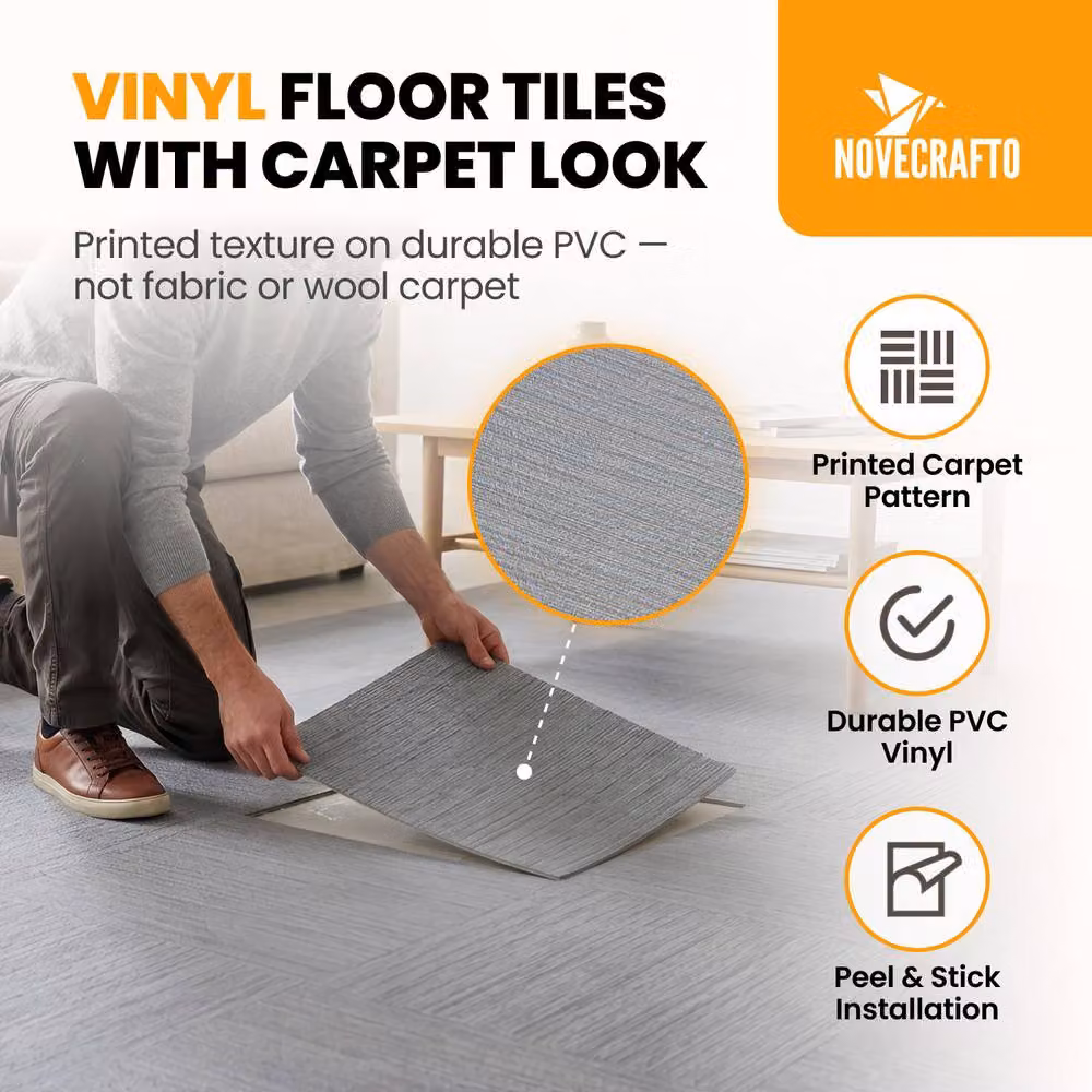 Novecrafto Self-Adhesive Vinyl Floor Tiles with Carpet Effect, Grey, Pack of 10, 45 x 45 cm – 2