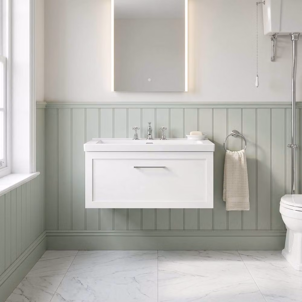 Balterley Stonnall Wall Mounted 1 Drawer Vanity Unit with Fireclay Basin, Matt White, W: 80 cm, D: 40.4 cm, H: 38.5 cm – 2