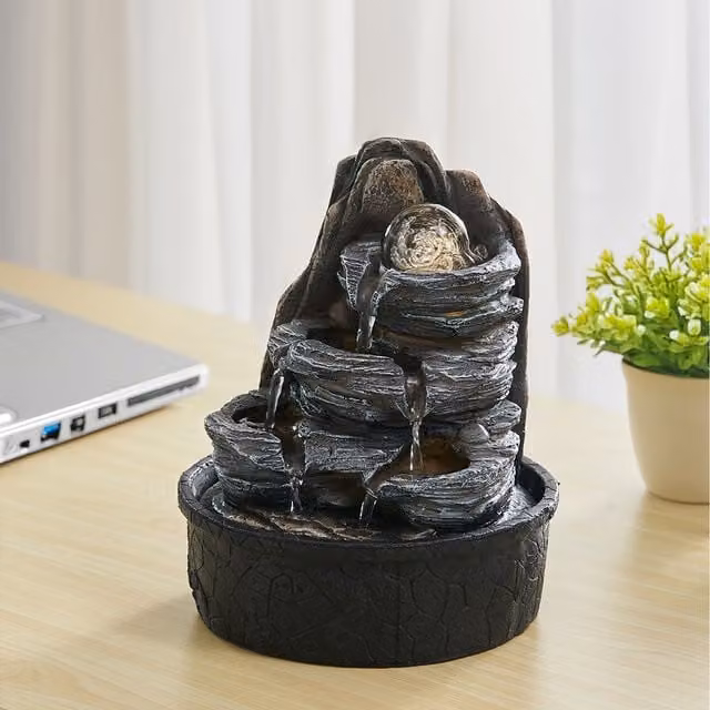 Lifeideas Tiered Rock Cascading Tabletop Fountain with LED Crystal Ball, Black