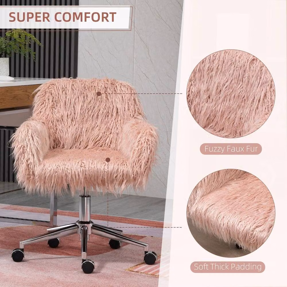 FORGEVIO Pink Faux Fur Office and Vanity Chair with Adjustable Height and Silver Metal Base – 3