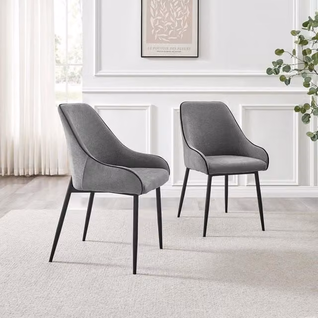 FurnitureboxUK Novara Black Top Round Dining Table with 6 Beaumont Grey Fabric Chairs, Diameter: 120 cm