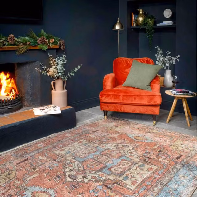 The Rug House Orange and Blue Terracotta Distressed Aztec Geometric Persian Non-Slip Washable Area Rug, W: 150 cm, D: 80 cm