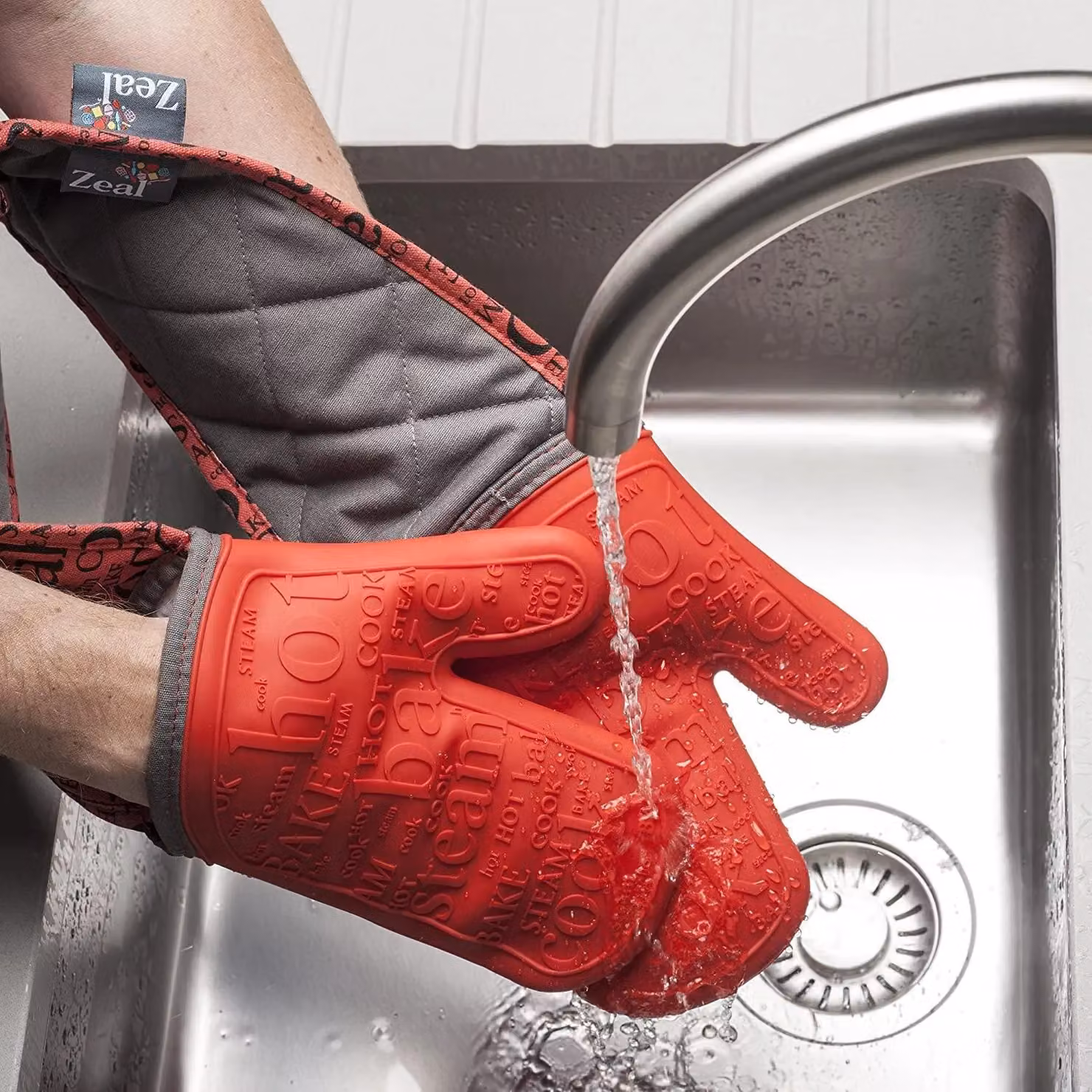 Zeal Red Silicone Double Oven Gloves, Non-Slip and Machine Washable – 4