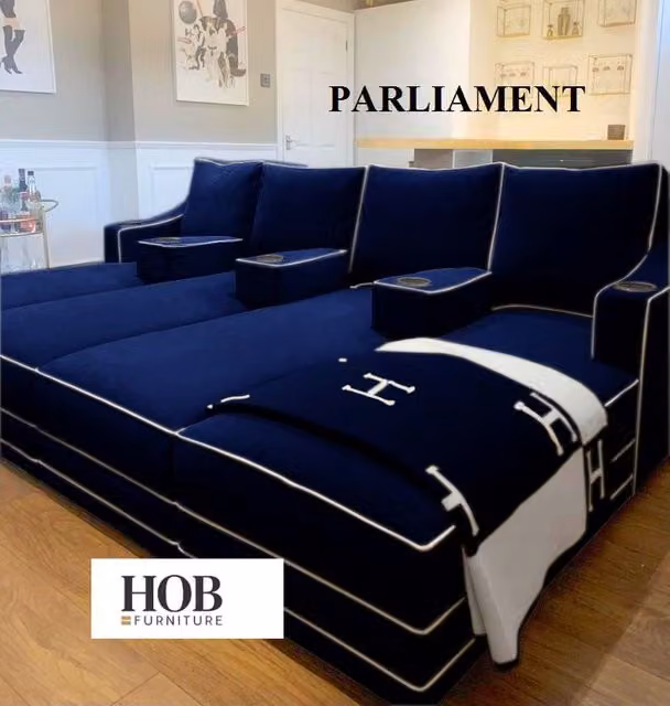 HOB Furniture Viva Luxury U-Shape Cinema Sofa in Blue Velvet Fabric with Cup Holders, W: 426.72 cm, D: 182.88 cm, H: 99 cm