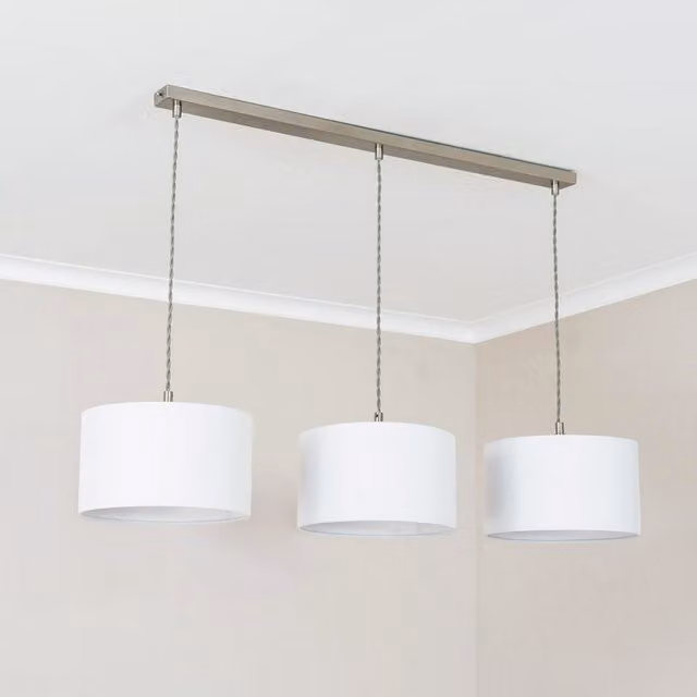 ValueLights Reni 3 Drop Bar Ceiling Pendant Light in Brushed Chrome and White Fabric
