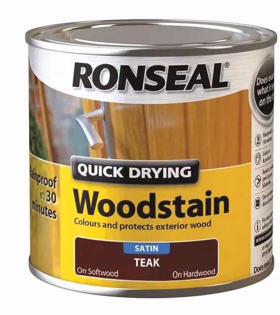 Ronseal Quick Drying Weatherproof Wood Stain in Teak, Satin Finish, 250ml