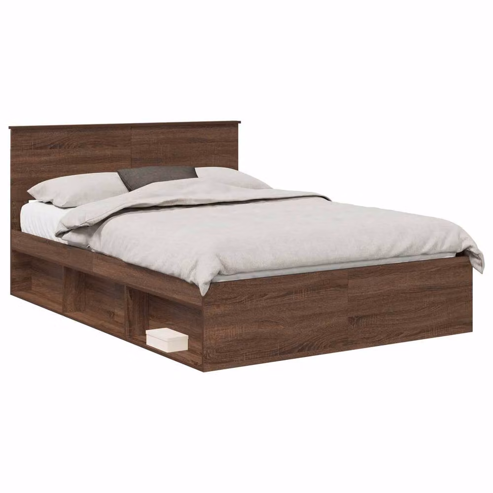 Berkfield Home Modern Bed Frame with Headboard in Brown Oak and Solid Pine Wood, W/D/H: 140 x 200 cm – 2