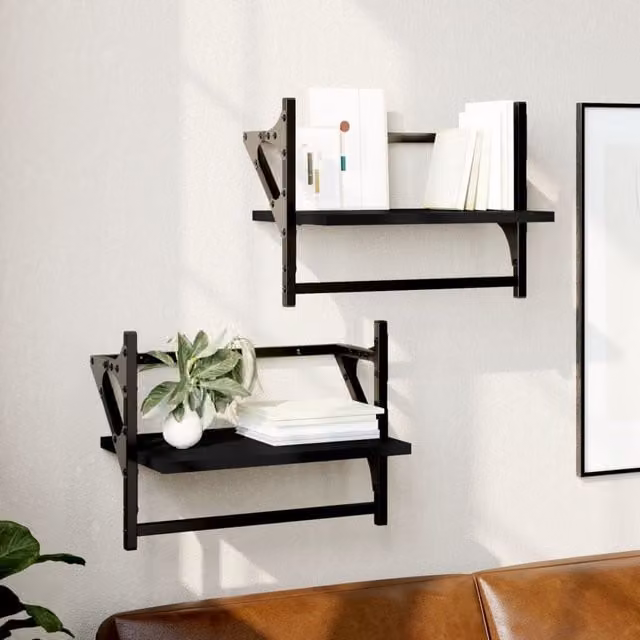 Berkfield Home Wall Mounted Shelves with Hanging Rods, 2 Pieces, Black, W/D/H: 40 x 25 x 30 cm