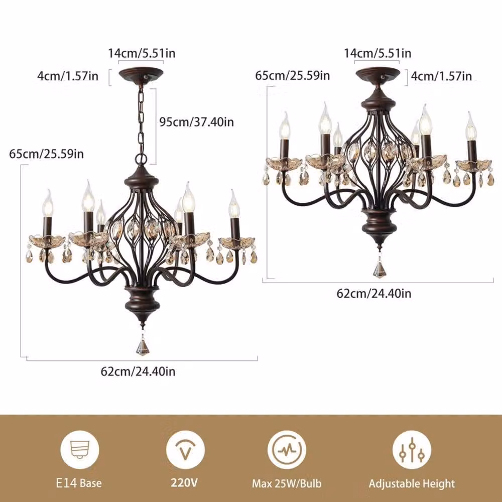 Garwarm 6-Light Classic Crystal Chandelier in Brown, Dimmable and Height Adjustable – 3