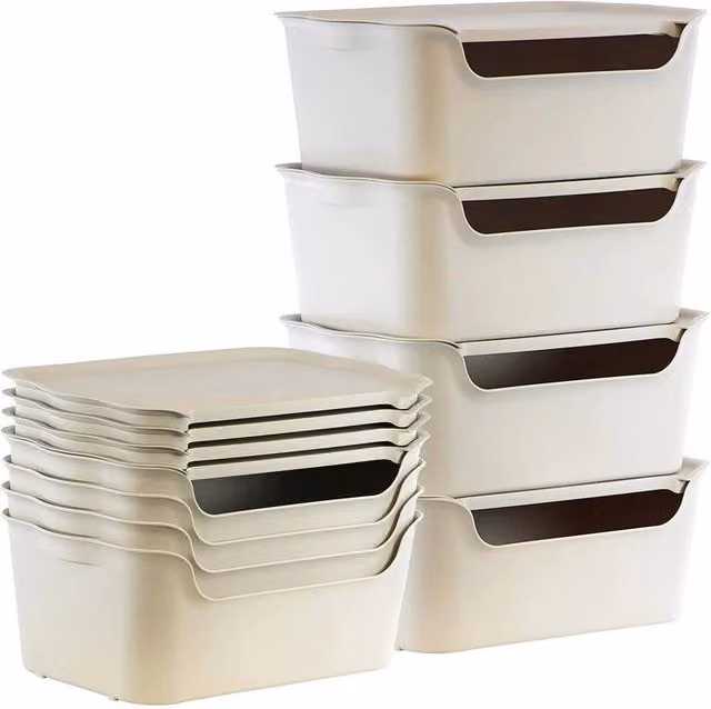 KORVIXA Set of 4 Stackable Plastic Storage Boxes with Lids in Beige, 90 x 90 cm