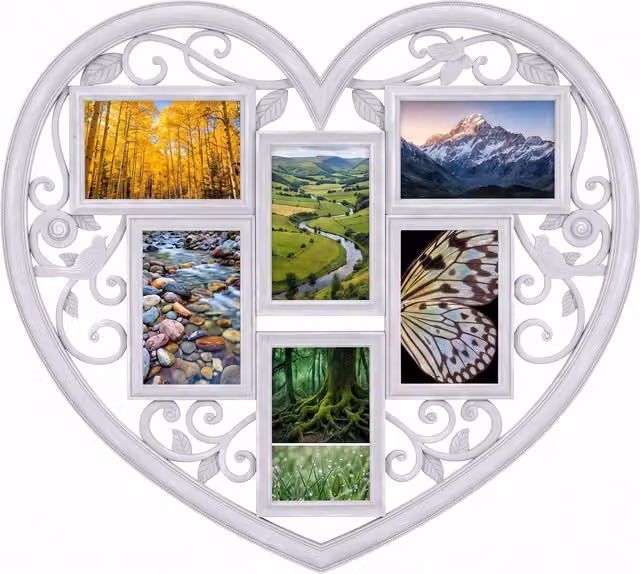 Biznest Vintage Multi Aperture Heart Shaped Photo Frame in Black, Grey and White, W: 58.0 cm, H: 52.5 cm, D: 1.7 cm