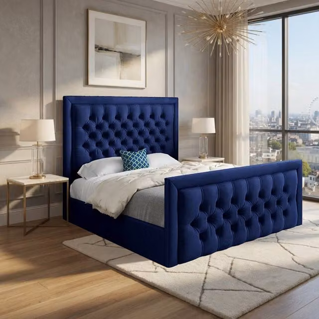 Casani Sidford Upholstered Blue Velvet Designer Bed Frame W/D/H: 120 x 200 x 83 cm – 1
