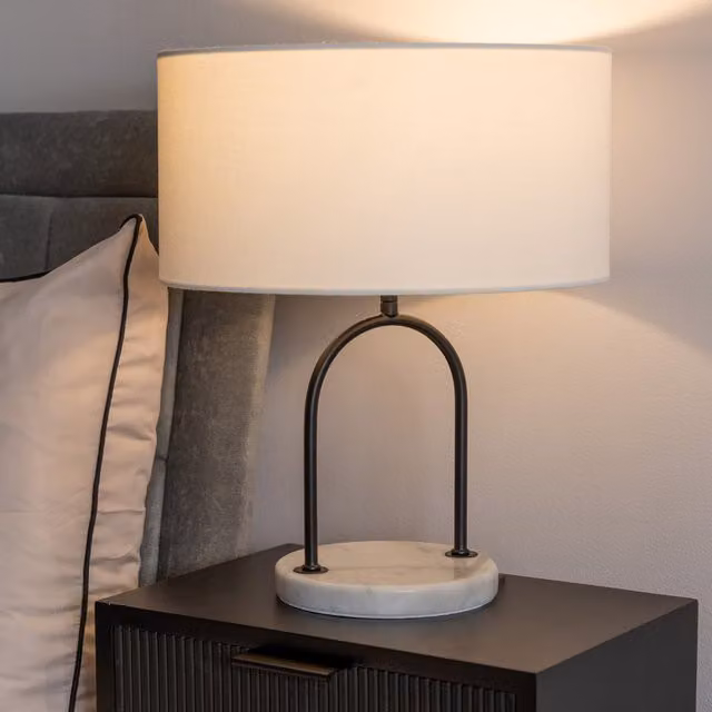 Rachel Arch Marble Base Table Lamp with Linen Shade and LED Bulb in Black and Gold/Brass