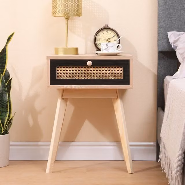 HMD Furniture 1 Drawer Bedside Table in Beige with Pine Wood Legs