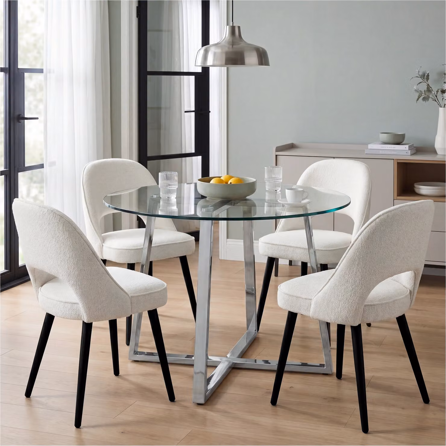 DHS Modern Round Glass Dining Table Set with 4 Upholstered Chairs in Cream and White, Diameter: 110 cm