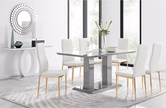 FurnitureboxUK Imperia Grey High Gloss Rectangular Dining Table with 6 Milan Chairs in White and Gold W/D/H: 150 x 90 x 75 cm