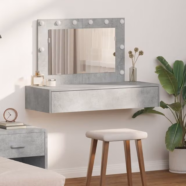 Berkfield Home Wall Hanging Dressing Table with Hollywood LED Lights in Concrete Grey, W/D/H: 100 x 40 x 70 cm