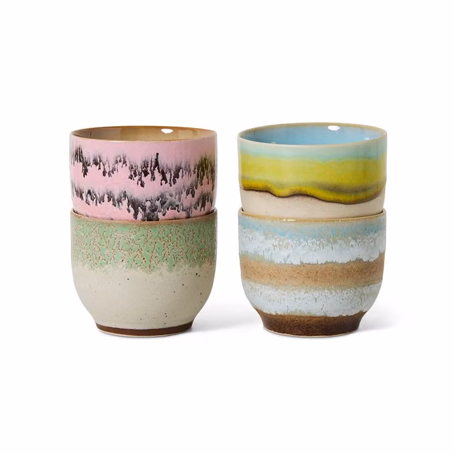 HKLIVING Multicolour 70s Style Ceramic Café Cup Set of 4