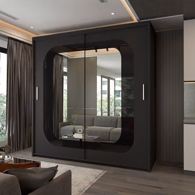 Sliding Wardrobes 4U Modern Double Door Sliding Wardrobe with LED Light, Black, W: 150 cm, H: 217 cm – 1