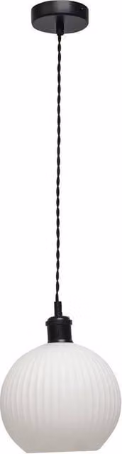 First Choice Lighting Betchley Retro Pendant Fitting with White Ribbed Glass Globe and Black Metal Finish
