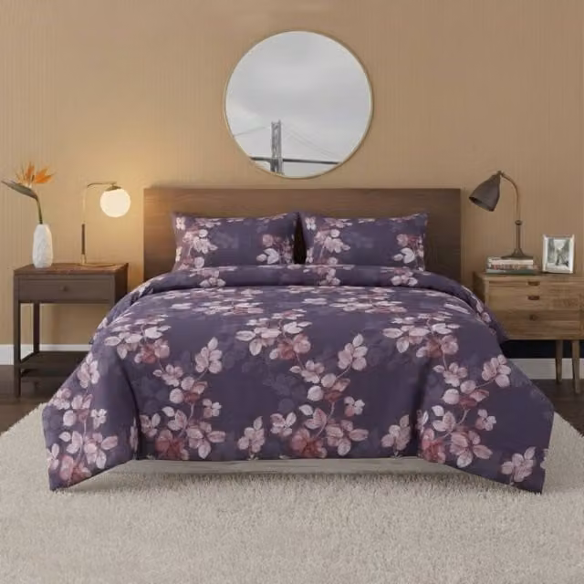 Snug City Bloomy Double Bedding Set with Duvet Cover, Pillowcase and Fitted Sheet in Purple Floral Microfibre – 1