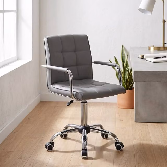 ERGOVEXA Grey Synthetic Leather Makeup Vanity Chair with Armrests and Castors, W/D/H: 52.5 x 54.0 x 120.0 cm