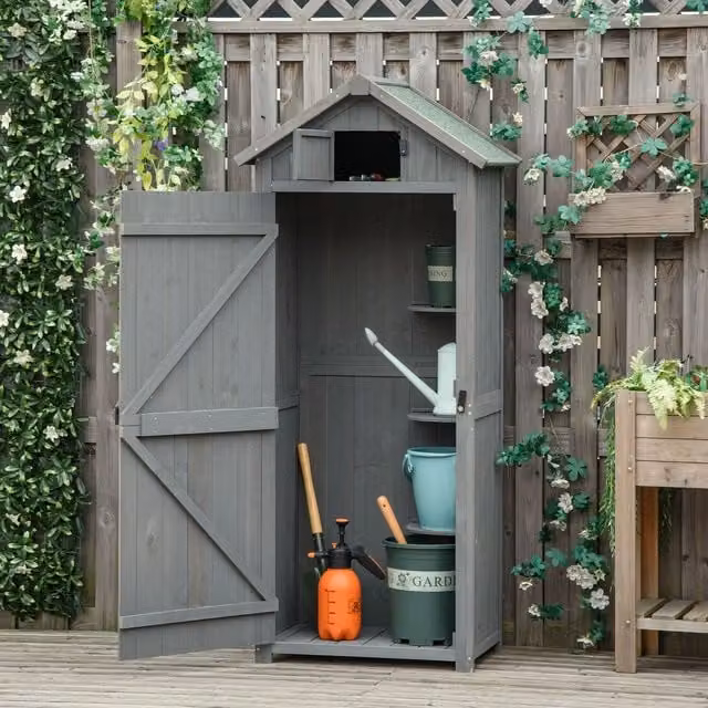 Outsunny Grey Wooden Garden Storage Shed with Internal Shelving, W/D/H: 77 x 54 x 179 cm