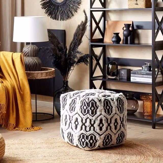 Wyld and Coco Boho Geometric Wool and Cotton Pouffe, Black and White, W/D/H: 45 x 45 x 45 cm