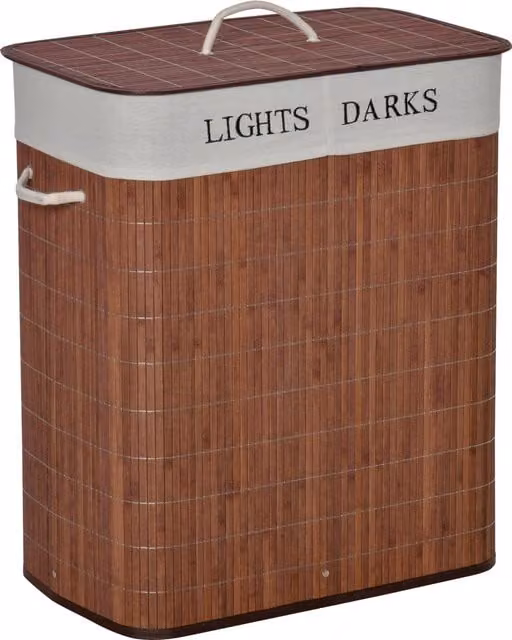 HOMCOM 100L Collapsible Dual Section Laundry Basket with Lid and Removable Liner in Brown
