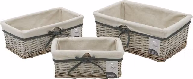 JVL Set of 3 Arianna Rectangular Willow Storage Baskets in Grey