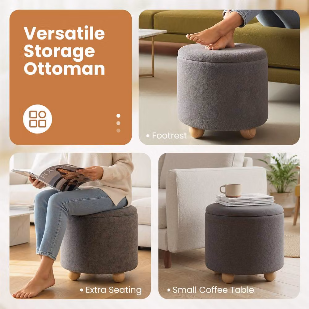 Costway Round Chenille Fabric Storage Ottoman and Footrest Stool with Removable Lid in Grey – 5