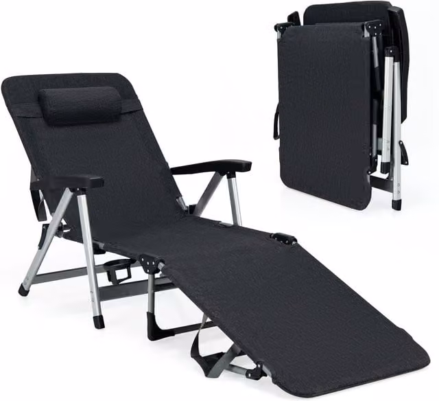 Costway Black Folding Outdoor Chaise Lounge with Adjustable Headrest and Armrests