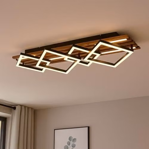 Globo Lighting Modern Square LED Ceiling Light in Black and Wood, 42 W, 2160 lm, Warm White, L x W x H: 82 x 31 x 9.5 cm – 2