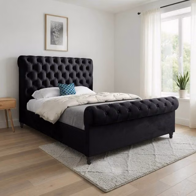 Casani Stourpaine Sleigh Upholstered Designer Bed Frame in Black Soft Velvet, W/D/H: 120 x 119 x 128 cm – 1
