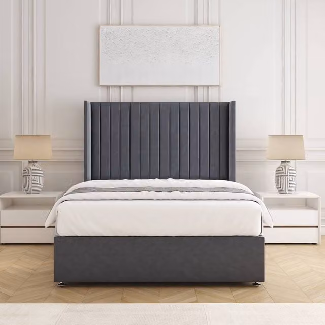 BSSPOKE Manhattan Divan Bed with 54 inch Headboard and Mattress in Grey Plush Velvet, W/D/H: 90 x 190 cm