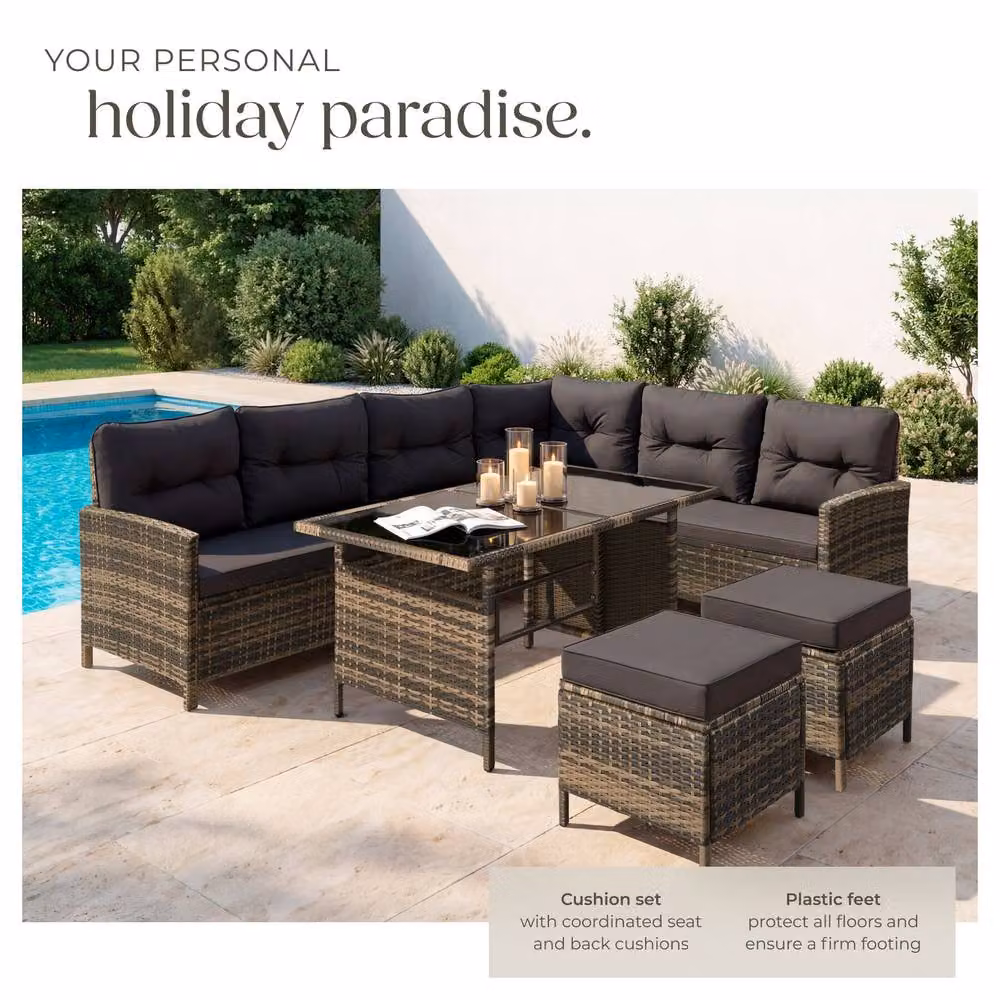 tectake 8 Seater Garden Furniture Set with Cushions, Footstools and Table in Natural and Beige – 4