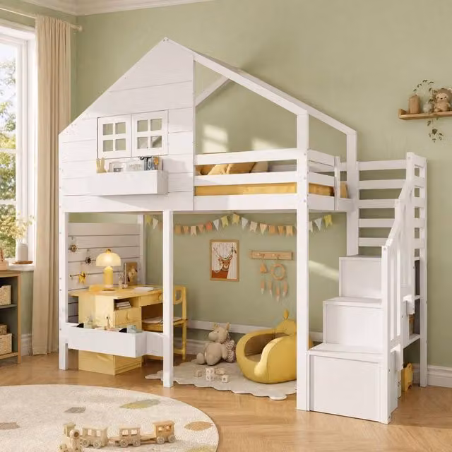 STILVORA White Childrens House Frame Bed with Storage and Stairs, W/D/H: 90 x 190 x 120 cm – 1