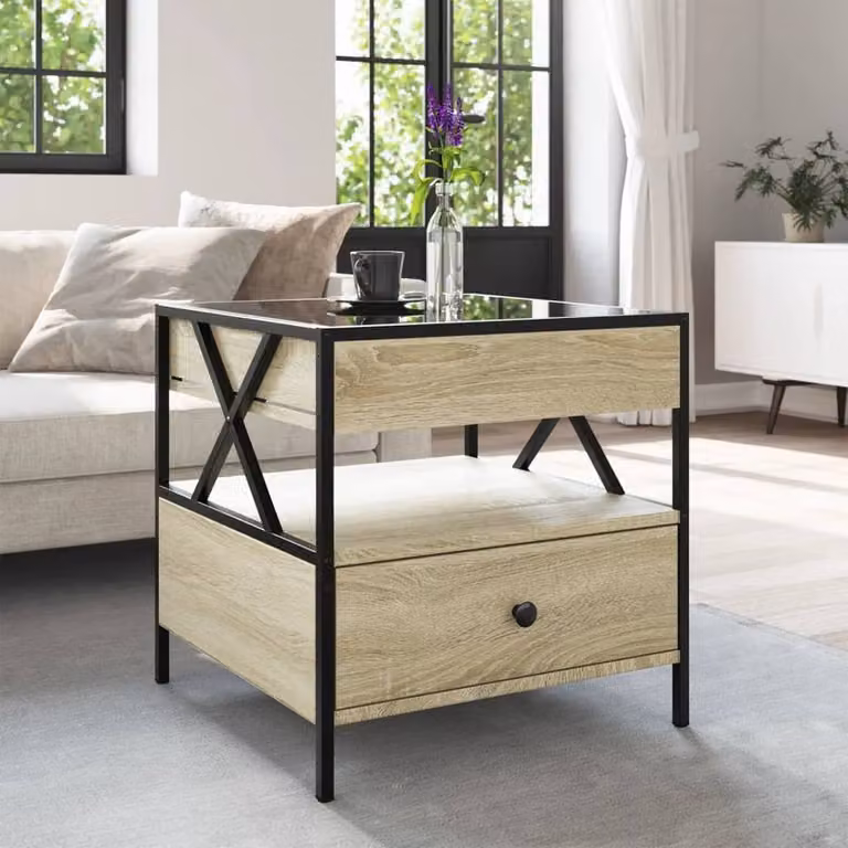 Berkfield Home Infinity LED Decorative Coffee Table in Sonoma Oak and Brown, W/D/H: 50 x 50 x 51 cm
