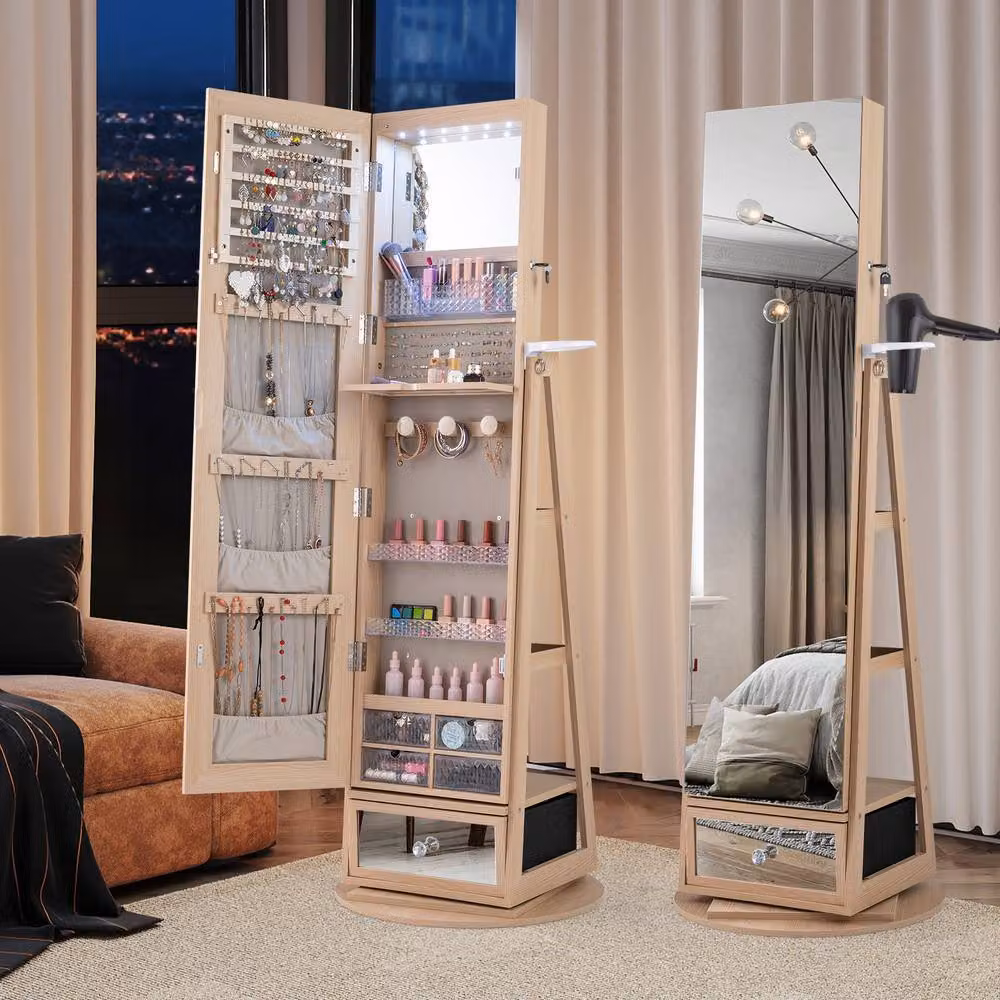 Costway 4 in 1 Swivel Lockable Jewelry Armoire in Natural Wood with LED Lighting and Mirror – 4