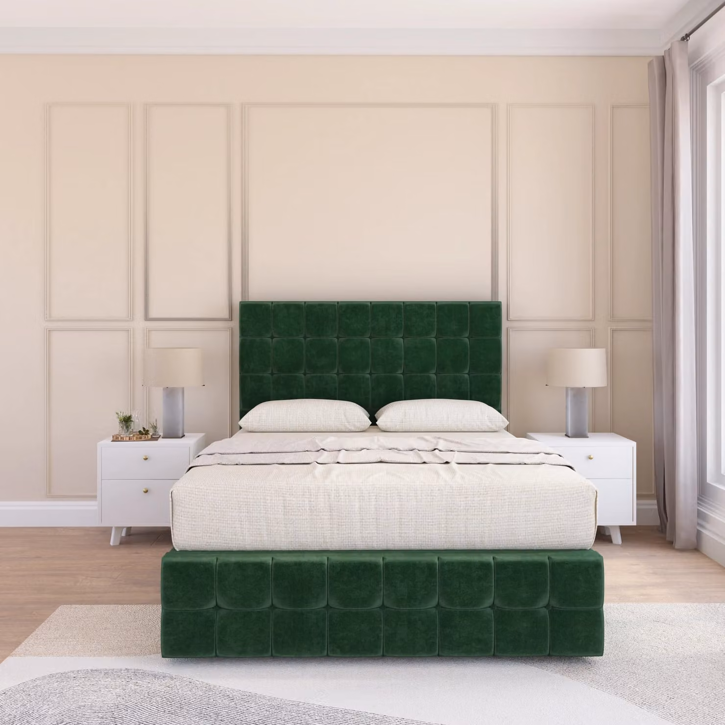 Sloomy Berlin Divan Bed Base with 12 inch Footboard and 54 inch Floor Standing Chesterfield Headboard in Green Velvet, W/D/H: 120 x 200 cm