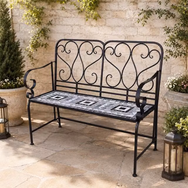 Shatchi Medina Mosaic 2 Seater Garden Bench with Black Metal Frame and Geometric Ceramic Tile Seat