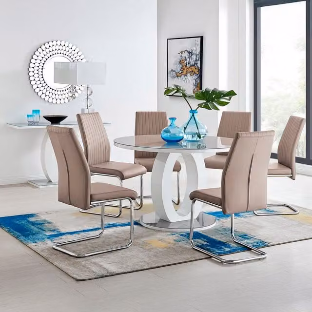 FurnitureboxUK Giovani Round Grey Dining Table and 6 Lorenzo Chairs Set with Glass Top, Diameter: 120 cm
